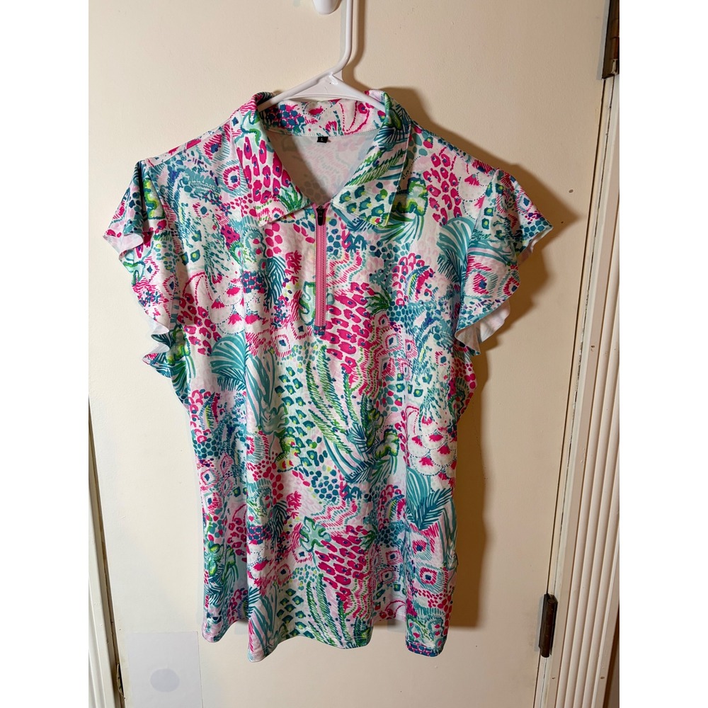 Soneven Womens Tropical Floral Flutter Sleeve Quarter Zip Golf Polo Shirt Pink L